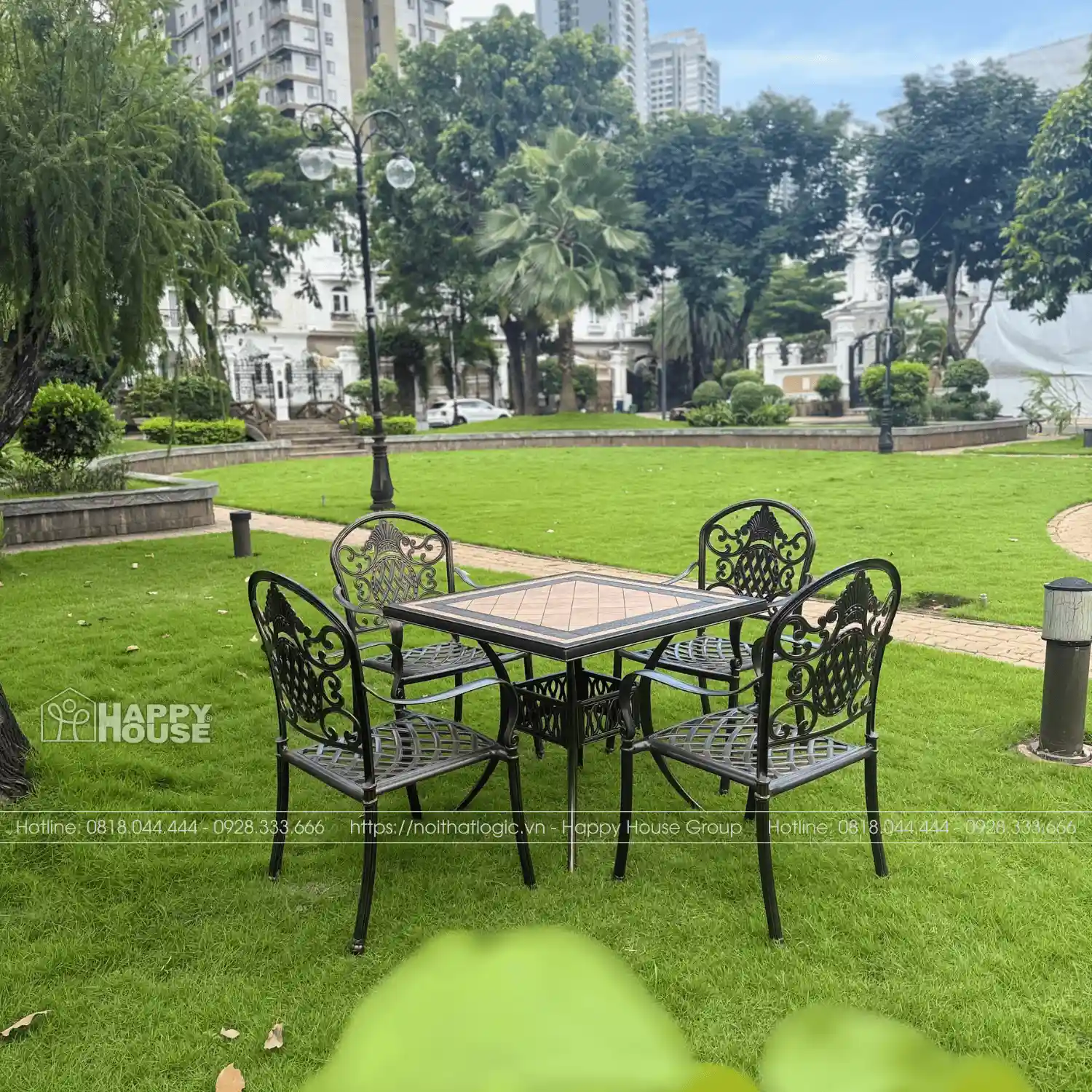 SẢN PHẨM CAO CẤP! Bộ Bàn Ghế Nhôm Đúc Mặt Đá Gốm 90cm & 4 Ghế - Sang Trọng Cho Sân Vườn