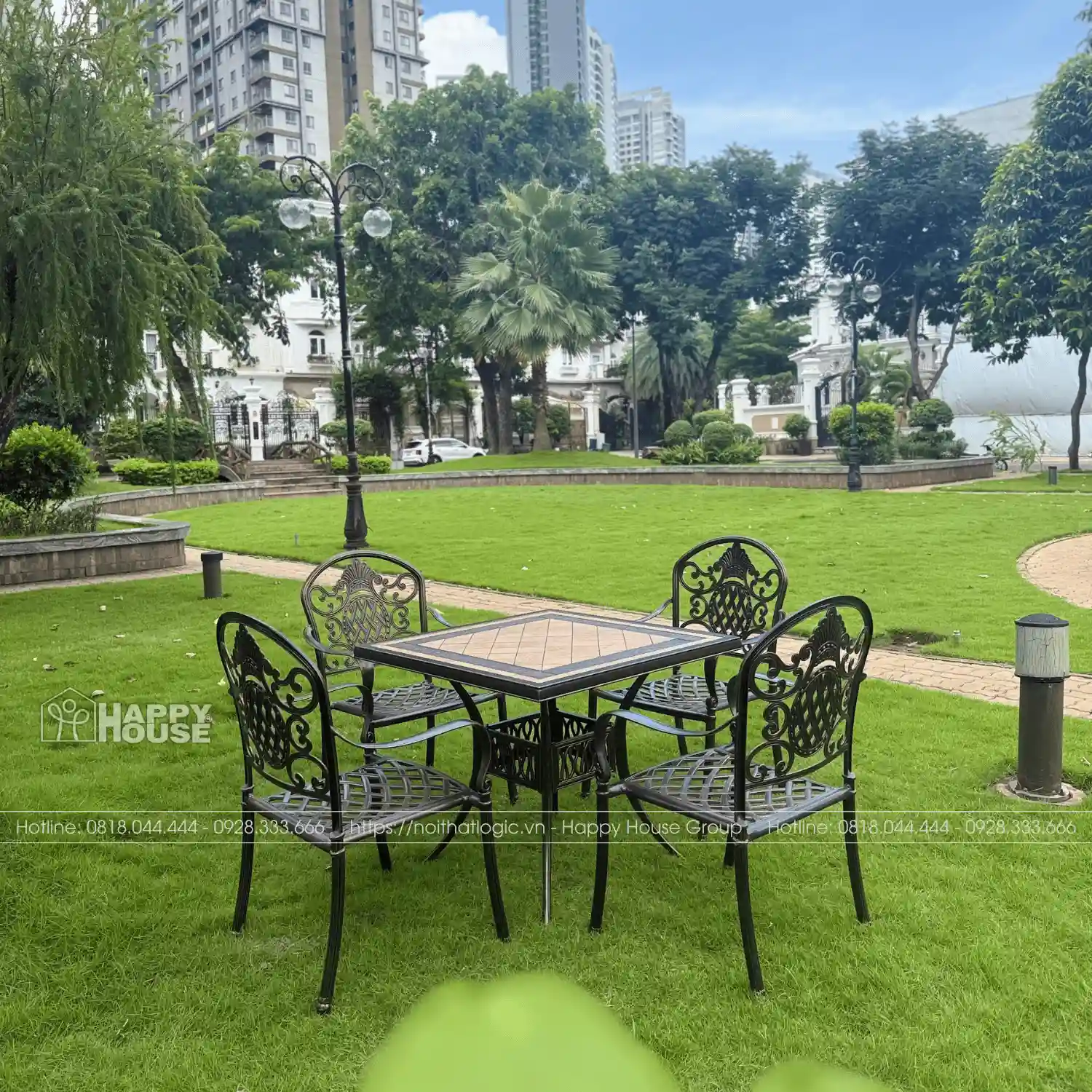 SẢN PHẨM CAO CẤP! Bộ Bàn Ghế Nhôm Đúc Mặt Đá Gốm 90cm & 4 Ghế - Sang Trọng Cho Sân Vườn