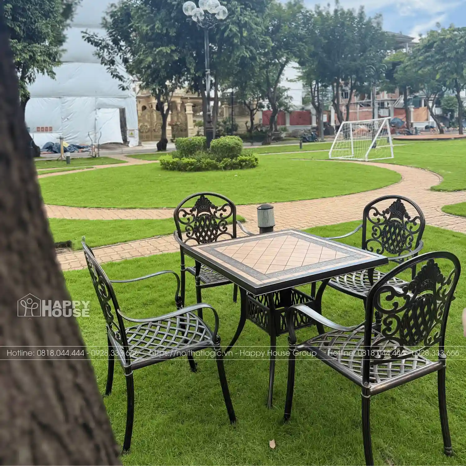 SẢN PHẨM CAO CẤP! Bộ Bàn Ghế Nhôm Đúc Mặt Đá Gốm 90cm & 4 Ghế - Sang Trọng Cho Sân Vườn