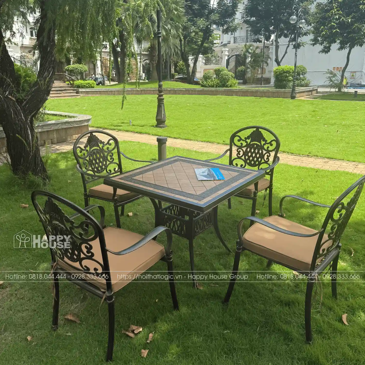 SẢN PHẨM CAO CẤP! Bộ Bàn Ghế Nhôm Đúc Mặt Đá Gốm 90cm & 4 Ghế - Sang Trọng Cho Sân Vườn