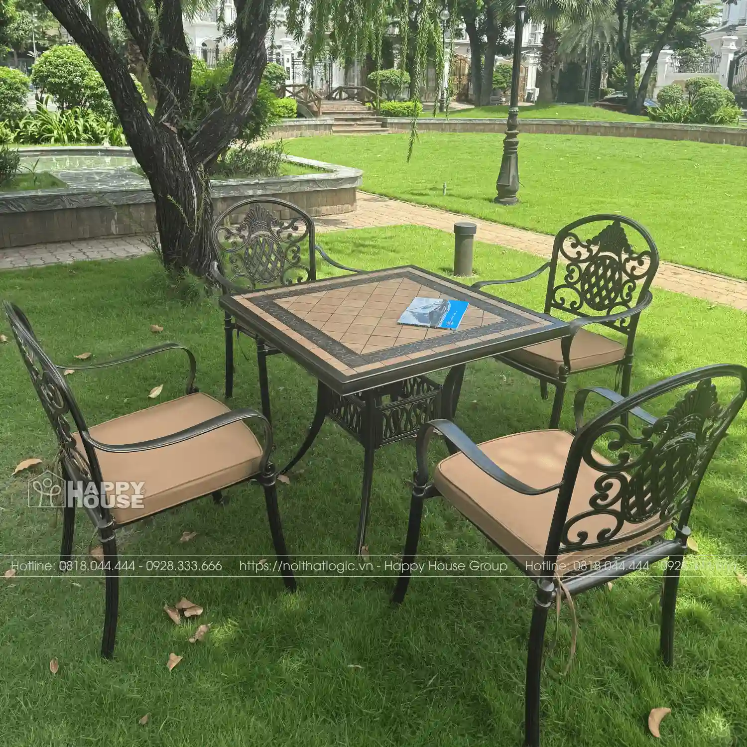 SẢN PHẨM CAO CẤP! Bộ Bàn Ghế Nhôm Đúc Mặt Đá Gốm 90cm & 4 Ghế - Sang Trọng Cho Sân Vườn