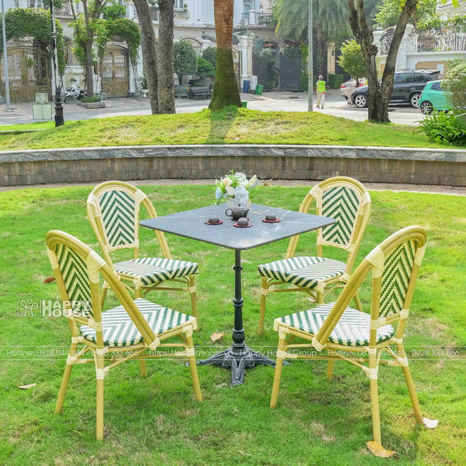 Bộ bàn ghế cafe mặt bàn đá vuông đen kết hợp 4 ghế khung nhôm cao cấp