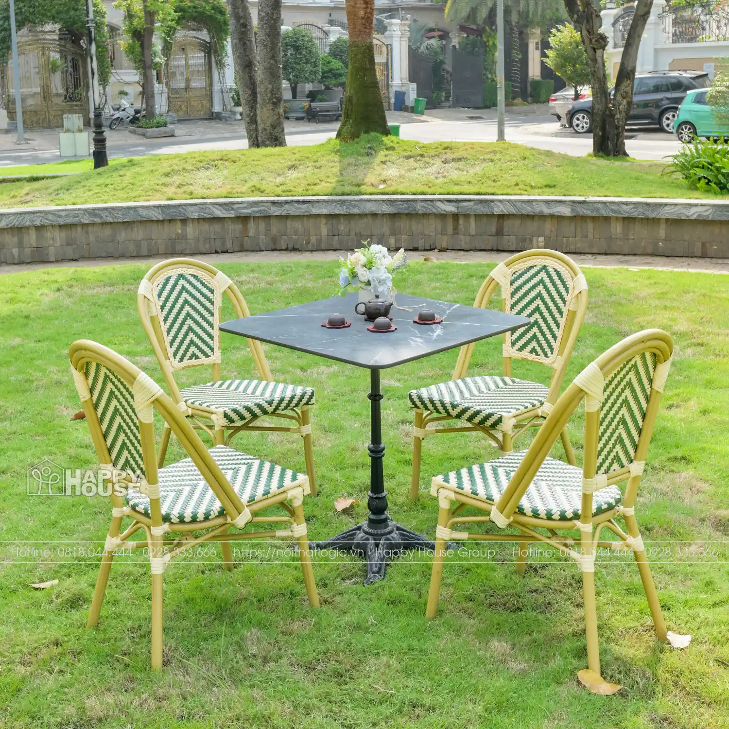 Bộ bàn ghế cafe mặt bàn đá vuông đen kết hợp 4 ghế khung nhôm cao cấp