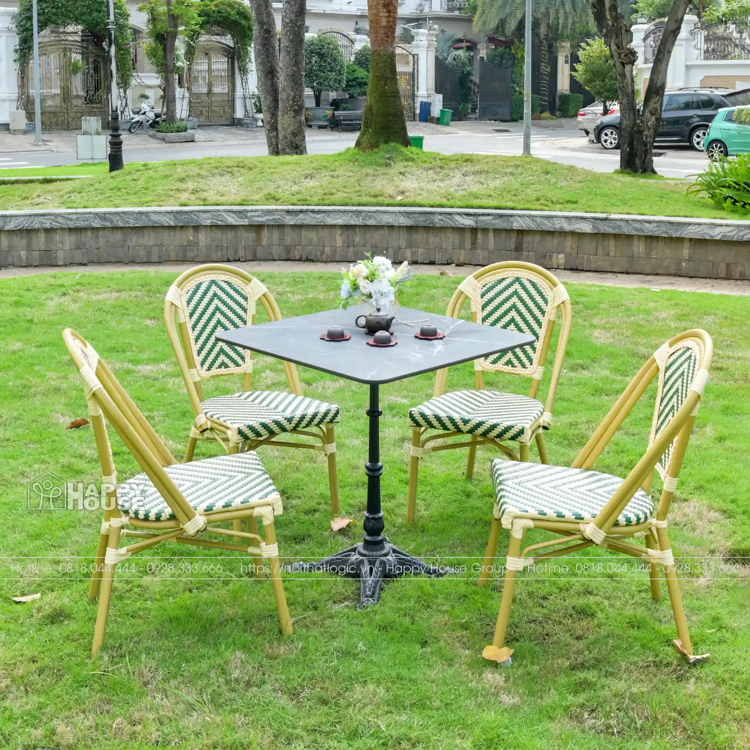 Bộ bàn ghế cafe mặt bàn đá vuông đen kết hợp 4 ghế khung nhôm cao cấp