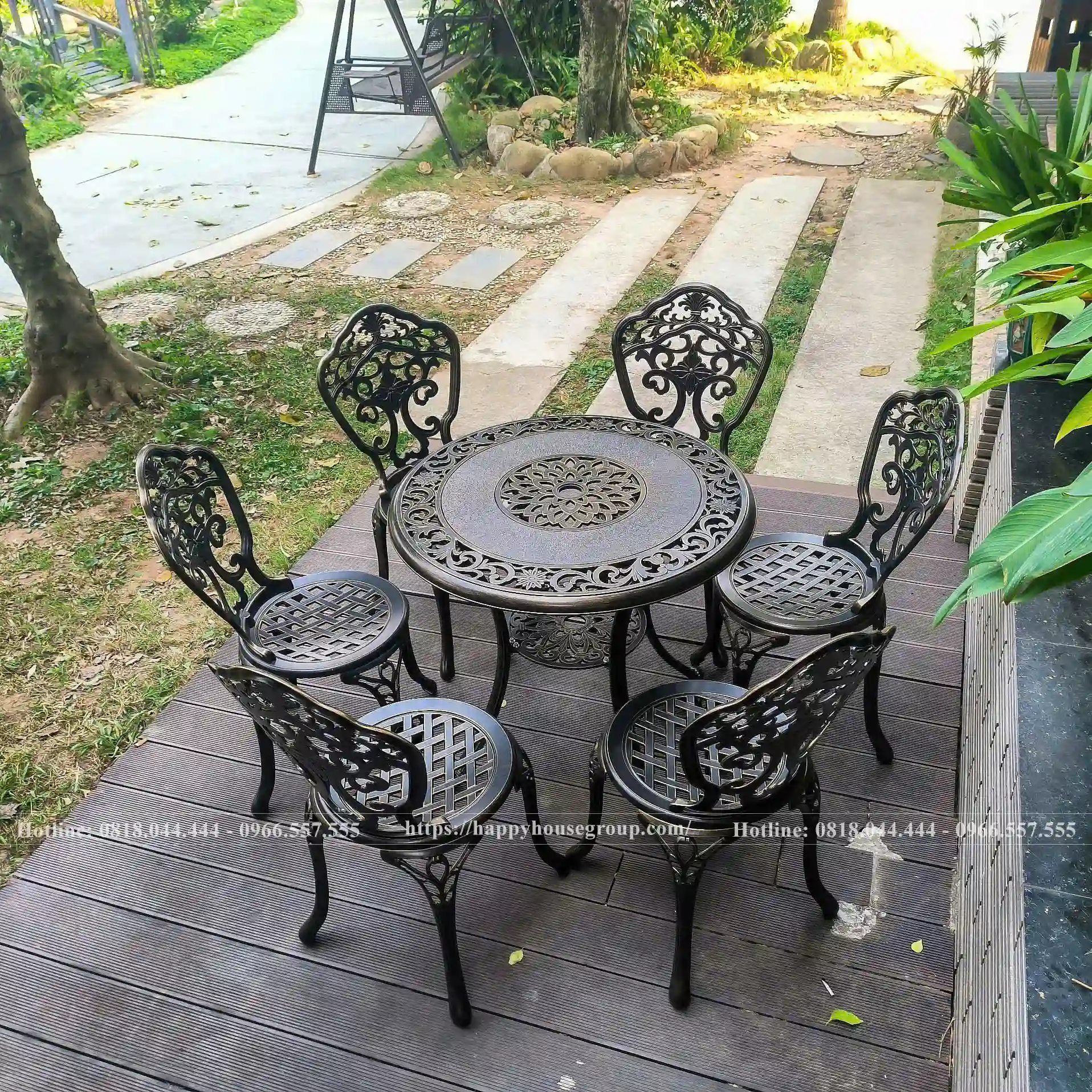 Bộ Bàn Ghế Nhôm Đúc Tròn 6 Ghế Màu Đen Ánh Đồng BND80-6G