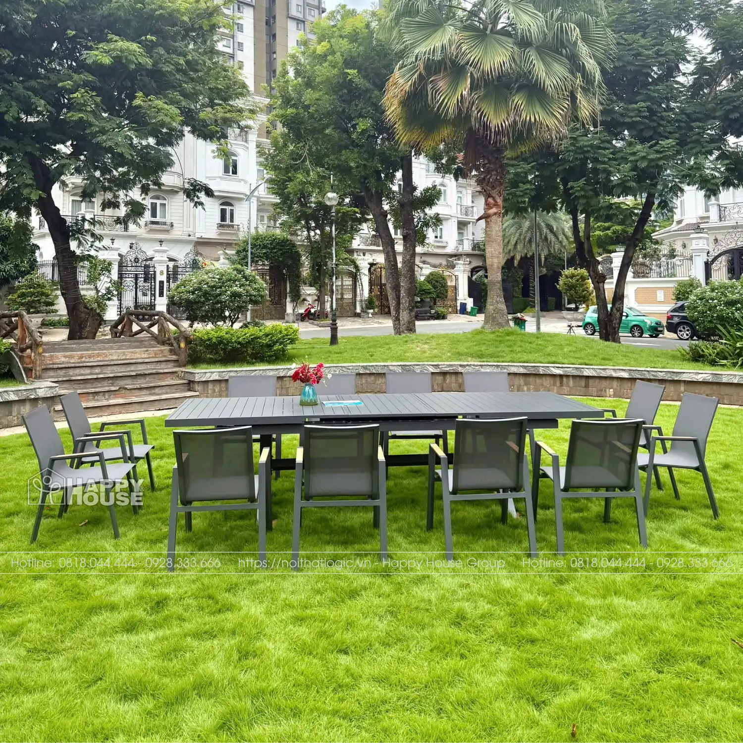 Bộ bàn ghế sân vườn tùy chỉnh kích thước với 12 ghế