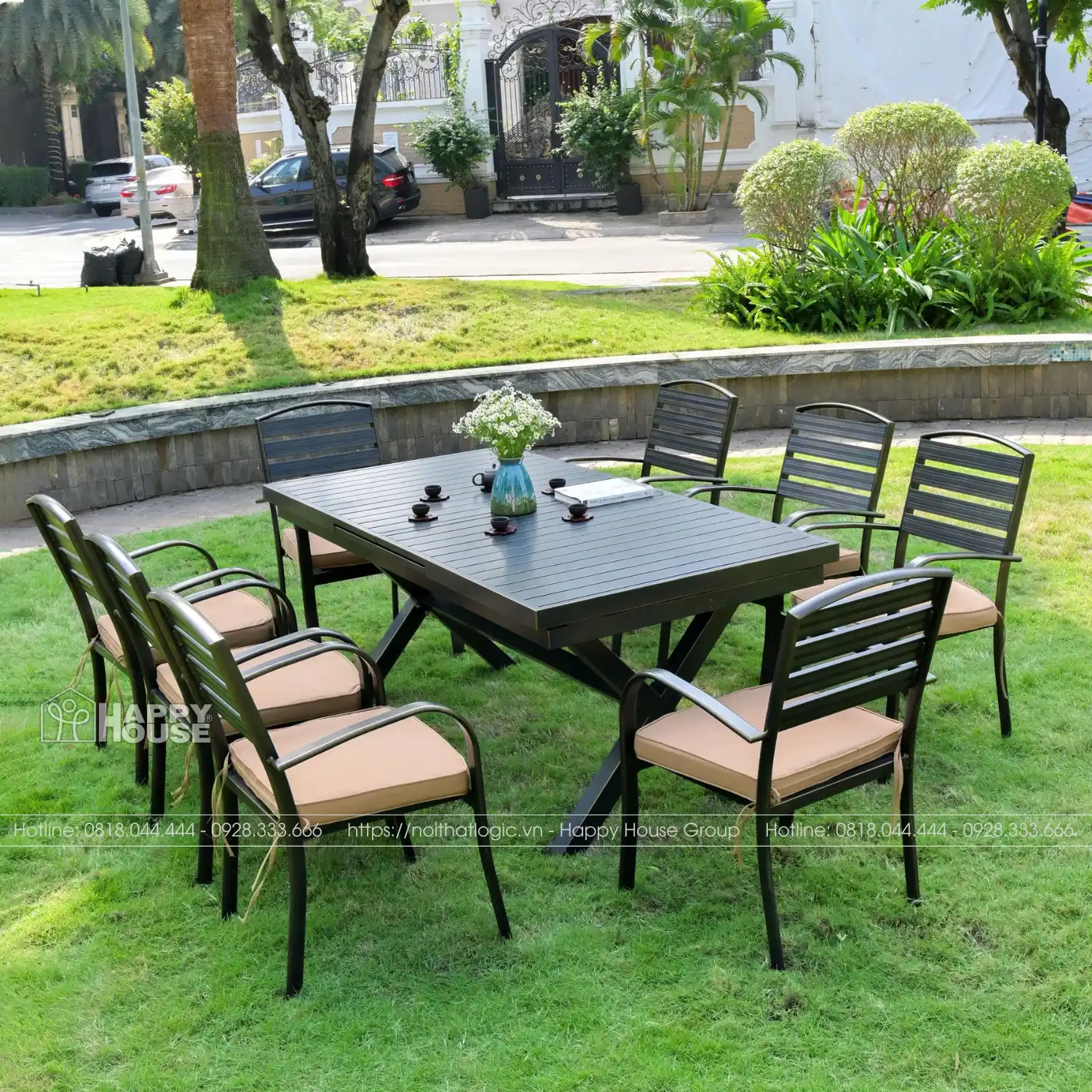 Bộ bàn ghế nhôm đúc thu gọi kéo dài thông minh dành cho sân vườn BTM-8GNN