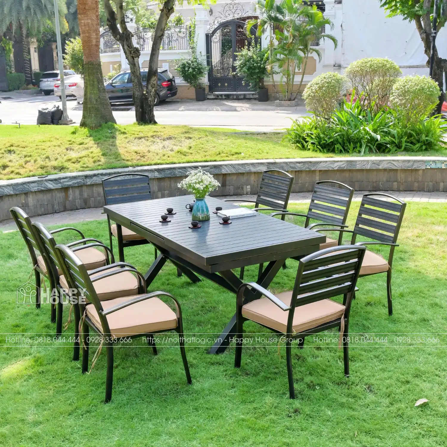 Bộ bàn ghế nhôm đúc thu gọi kéo dài thông minh dành cho sân vườn BTM-8GNN