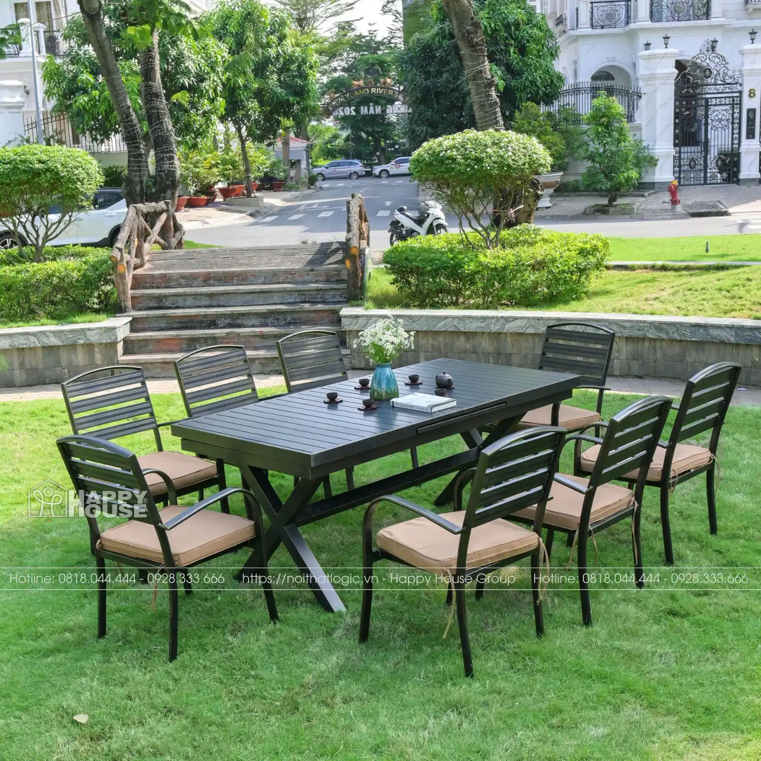 Bộ bàn ghế nhôm đúc thu gọi kéo dài thông minh dành cho sân vườn BTM-8GNN