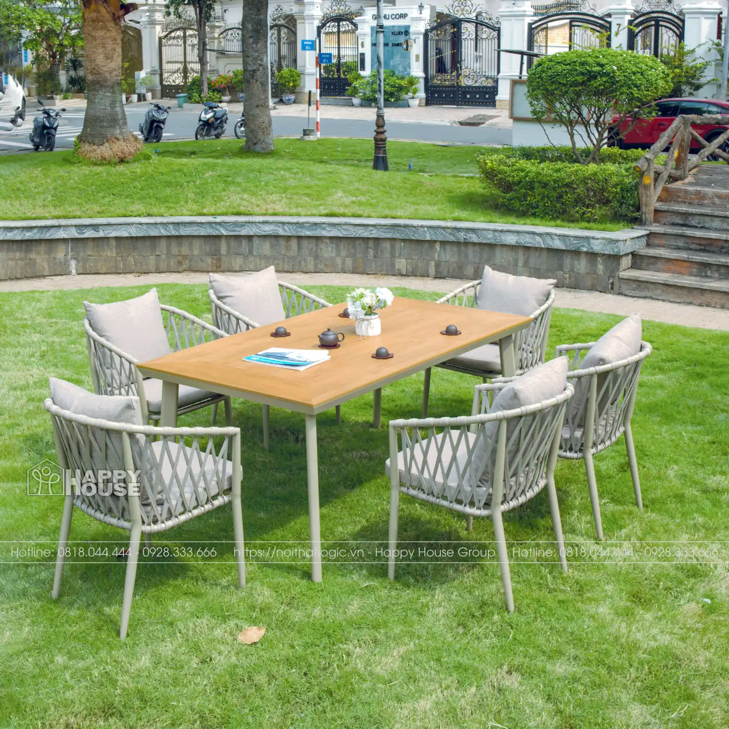 Bộ Bàn Ghế Sân Vườn Composite 6 Ghế Dây Dù - Đẳng Cấp Resort Sang Trọng