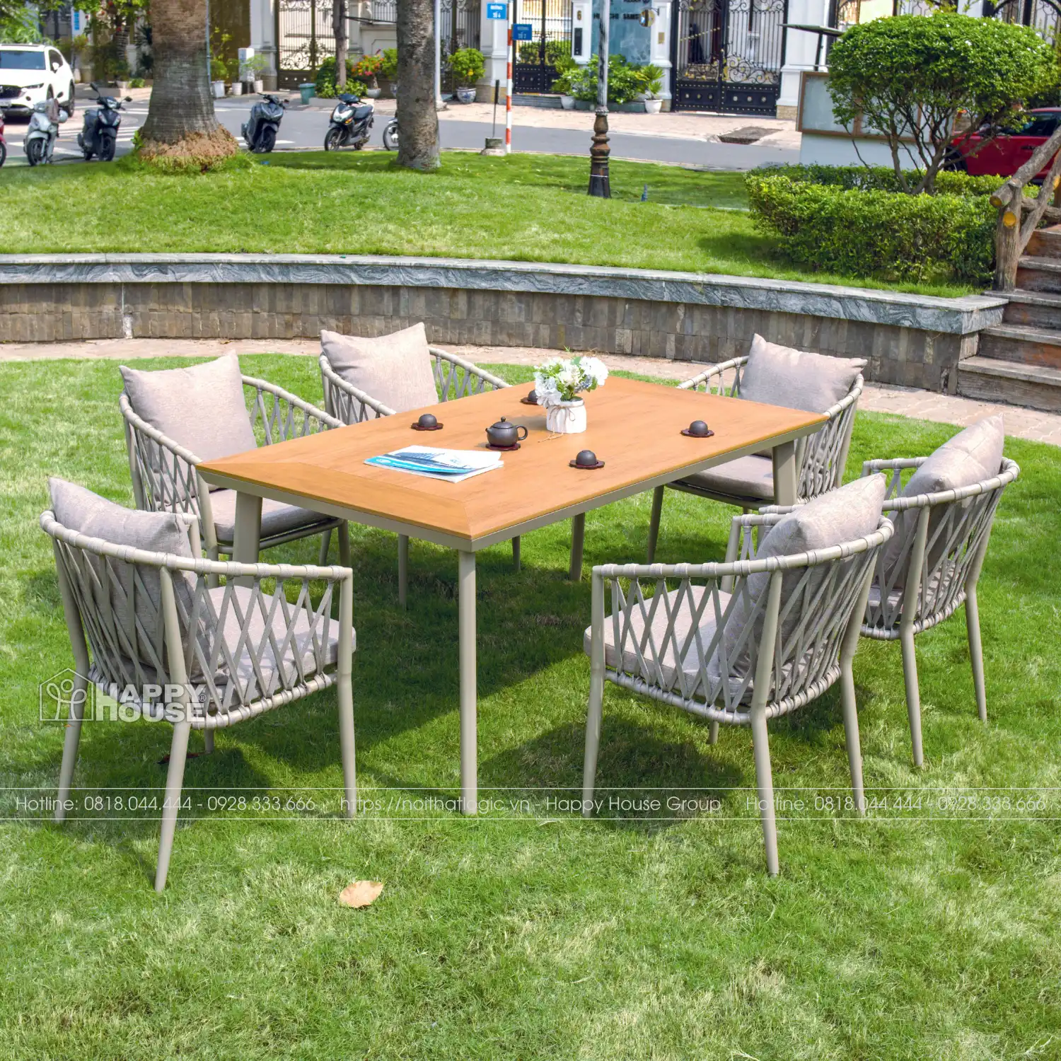 Bộ Bàn Ghế Sân Vườn Composite 6 Ghế Dây Dù - Đẳng Cấp Resort Sang Trọng