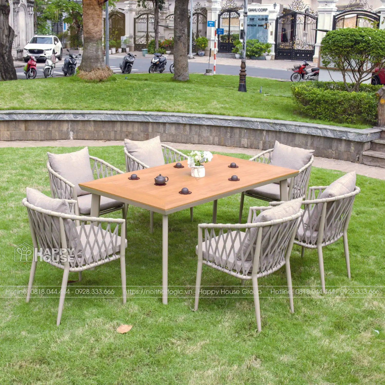 Bộ Bàn Ghế Sân Vườn Composite 6 Ghế Dây Dù - Đẳng Cấp Resort Sang Trọng