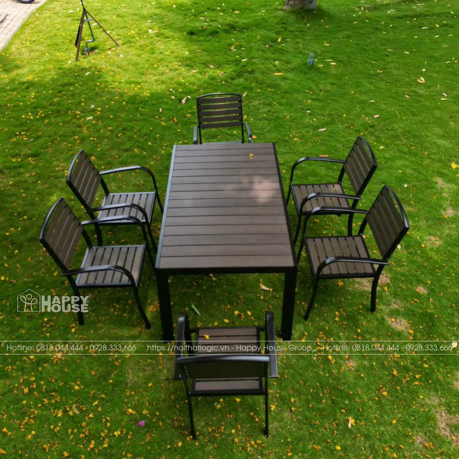 Bộ Bàn Ghế Composite 6 Ghế Khung kaki nan màu gỗ CPS150-6GTCN
