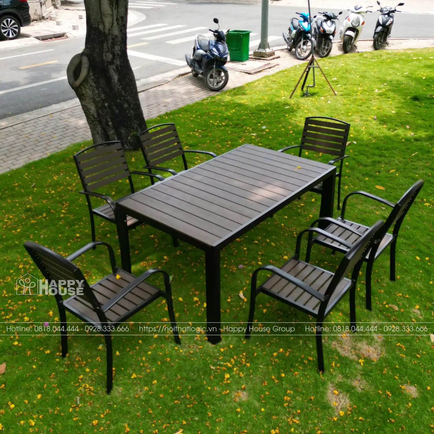Bộ Bàn Ghế Composite 6 Ghế Khung kaki nan màu gỗ CPS150-6GTCN