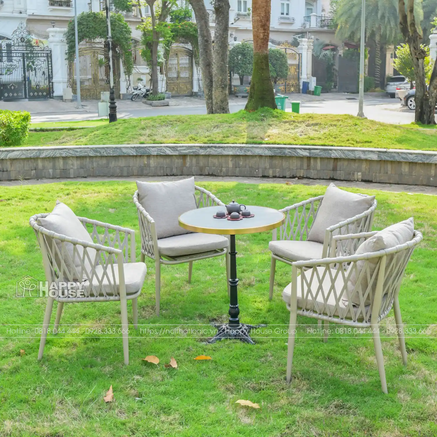 Bộ Bàn Trà Mặt Đá Kết Hợp 4 Ghế Đan Dây Dù Cao Cấp