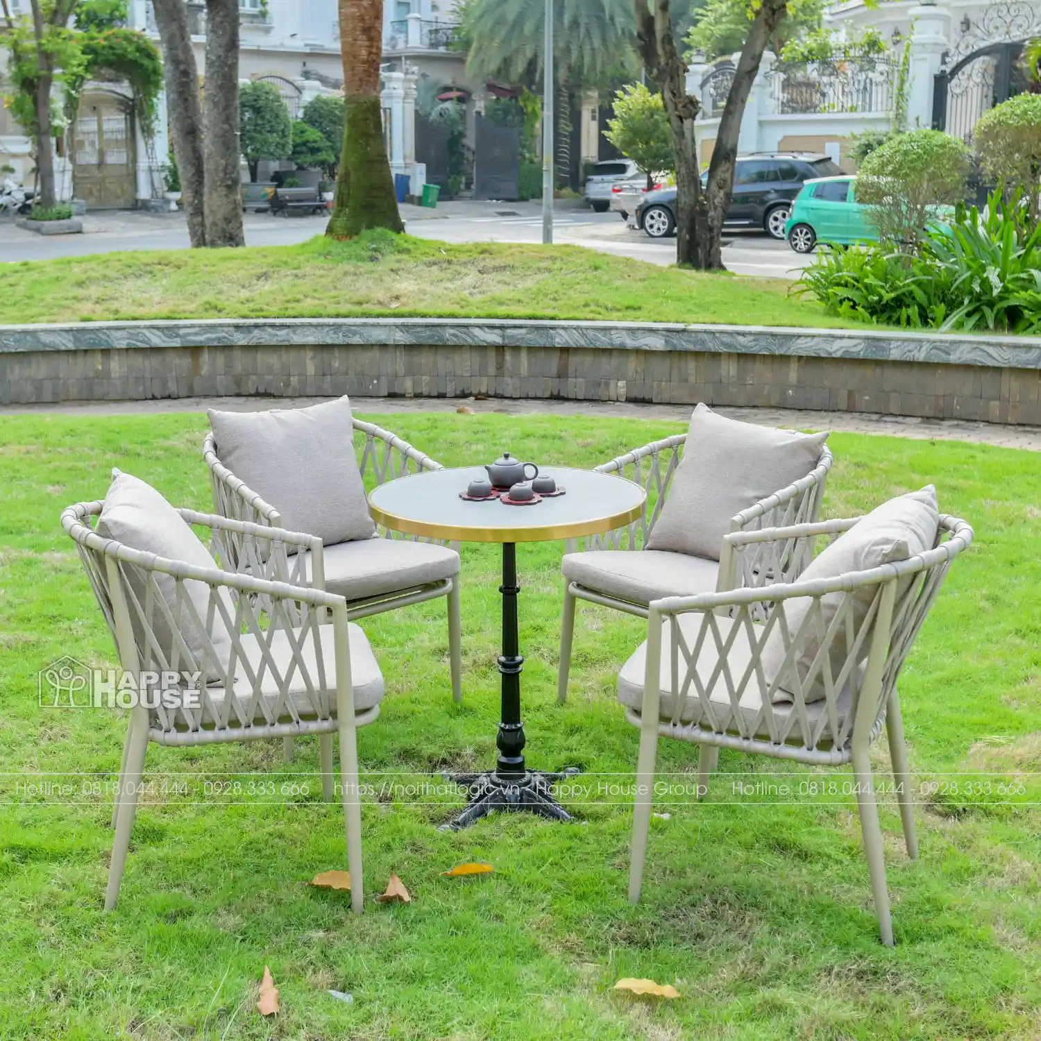 Bộ Bàn Trà Mặt Đá Kết Hợp 4 Ghế Đan Dây Dù Cao Cấp