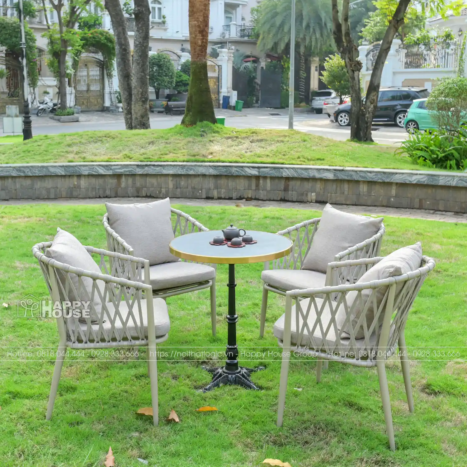 Bộ Bàn Trà Mặt Đá Kết Hợp 4 Ghế Đan Dây Dù Cao Cấp