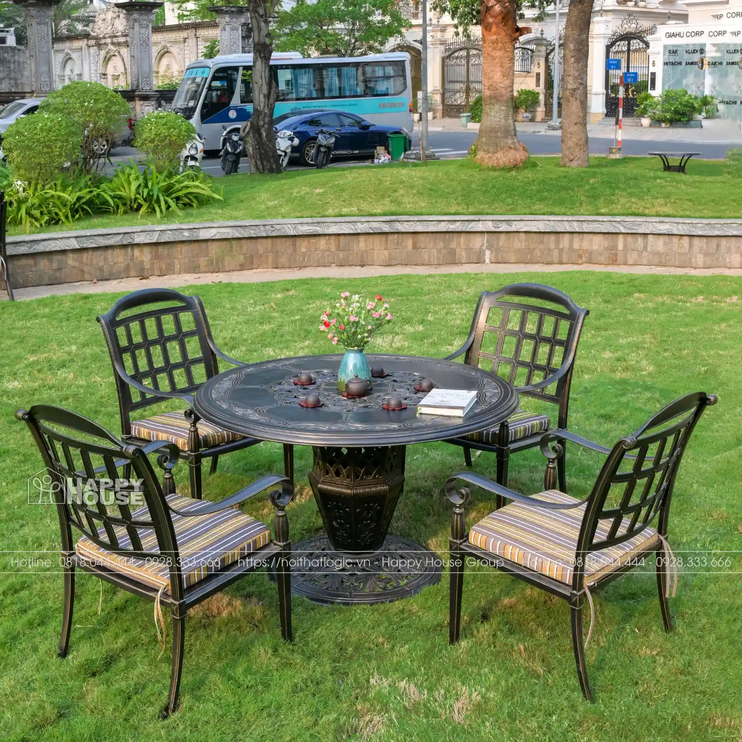 Bộ Bàn Ghế Nhôm Đúc Mặt Tròn Cao Cấp Màu Đen Ánh Đồng 4 Ghế ND-CC4GA31