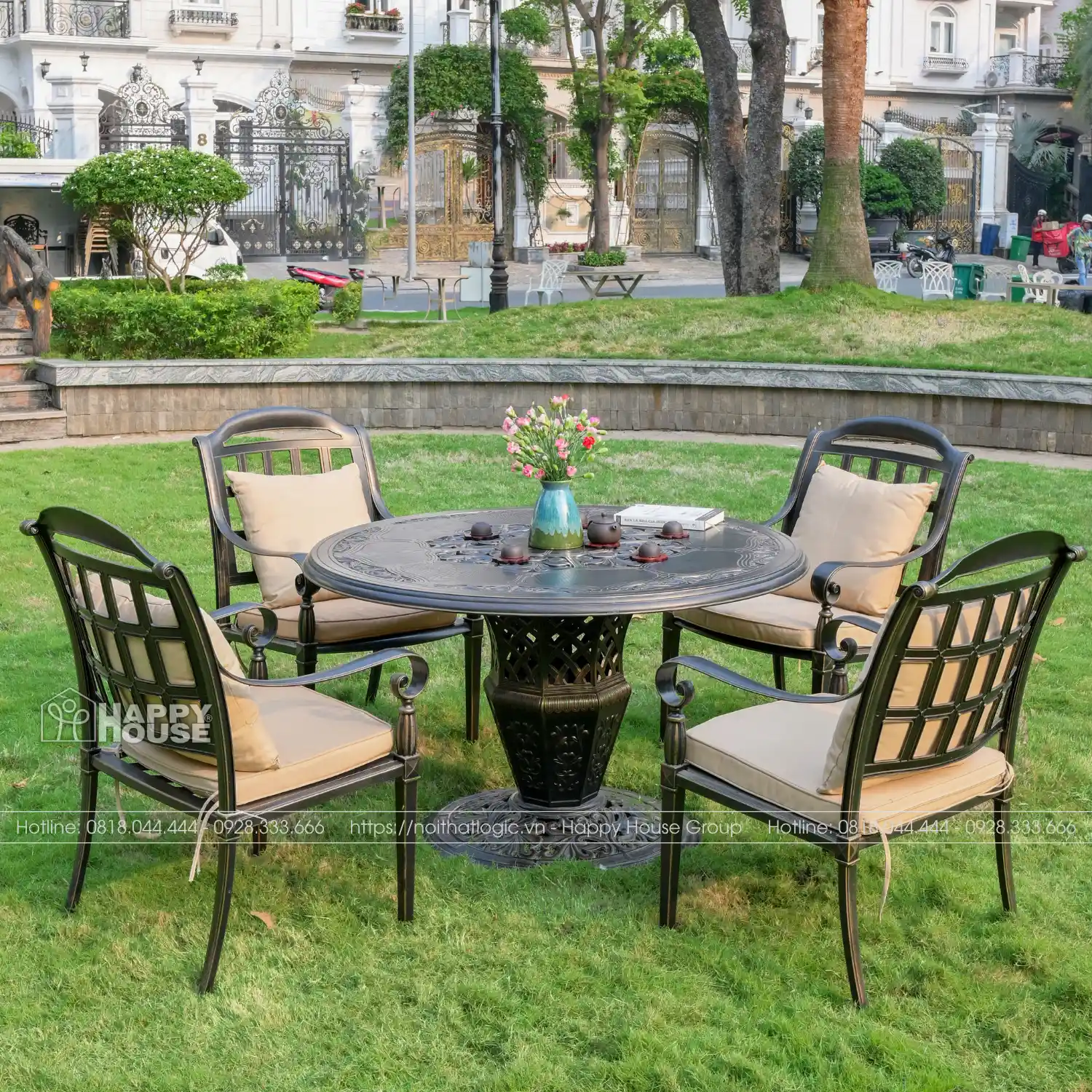 Bộ Bàn Ghế Nhôm Đúc Mặt Tròn Cao Cấp Màu Đen Ánh Đồng 4 Ghế ND-CC4GA31