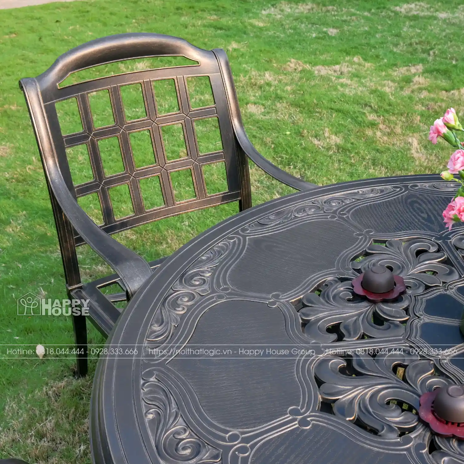 Bộ Bàn Ghế Nhôm Đúc Mặt Tròn Cao Cấp Màu Đen Ánh Đồng 4 Ghế ND-CC4GA31