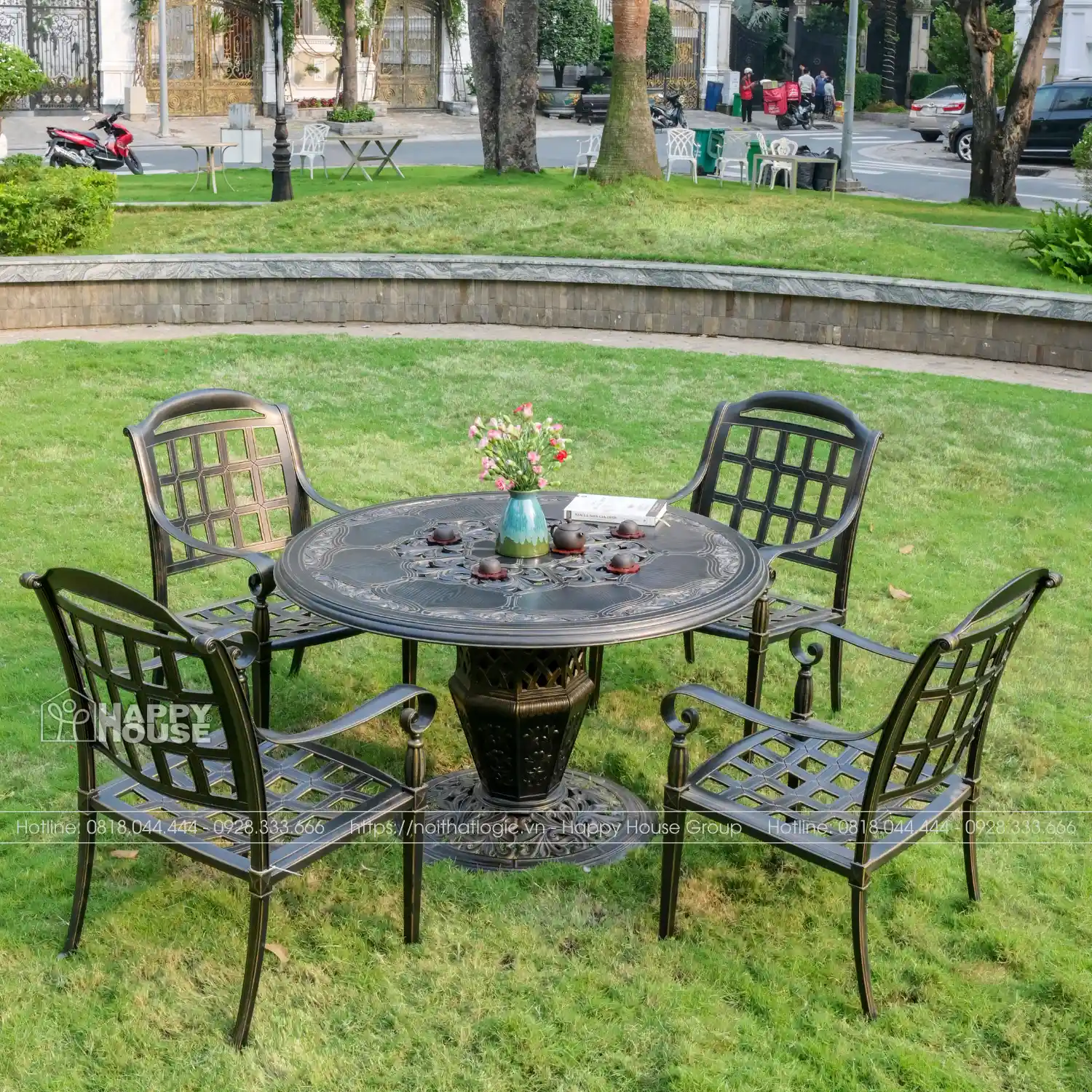 Bộ Bàn Ghế Nhôm Đúc Mặt Tròn Cao Cấp Màu Đen Ánh Đồng 4 Ghế ND-CC4GA31