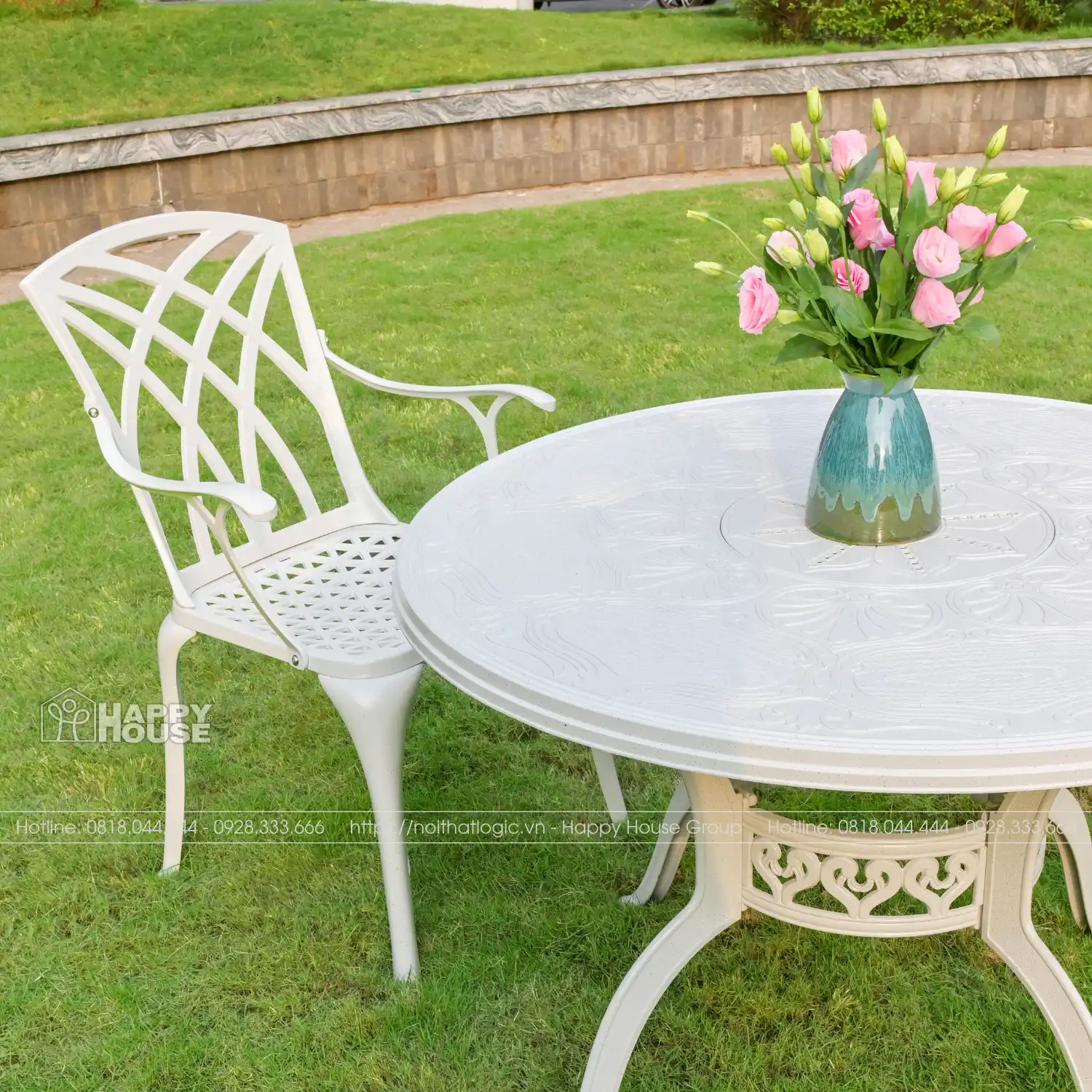 Bộ Bàn Ghế Nhôm Đúc Mặt Liền Màu Trắng Hoa Văn Tinh Xảo 4 ghế ND100-4G54T