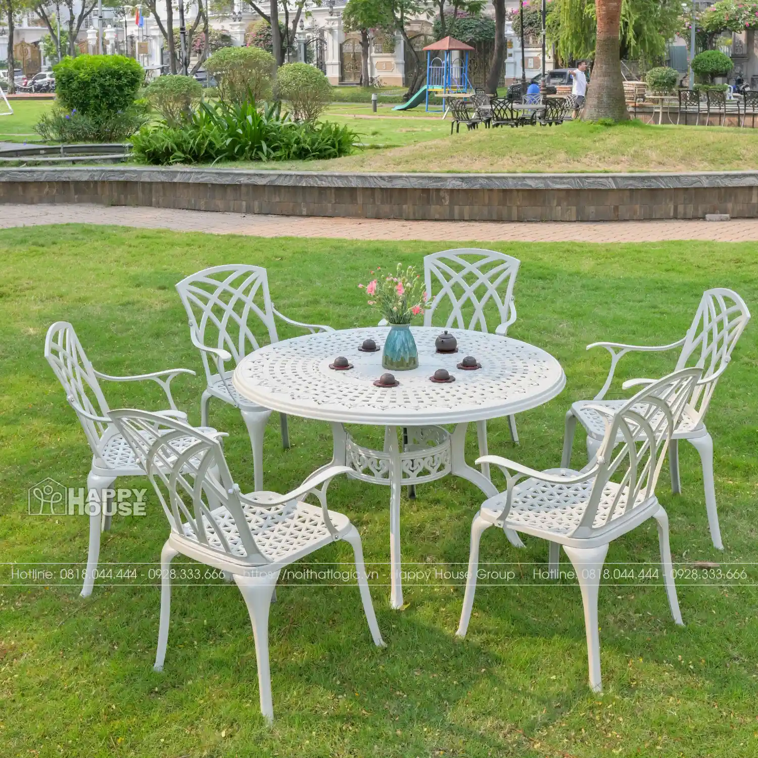 Bộ bàn ghế nhôm đúc 6 ghế phù hợp bố trí tại sân vườn, ban công, sân thượng, resort và khu vực ngoài trời.