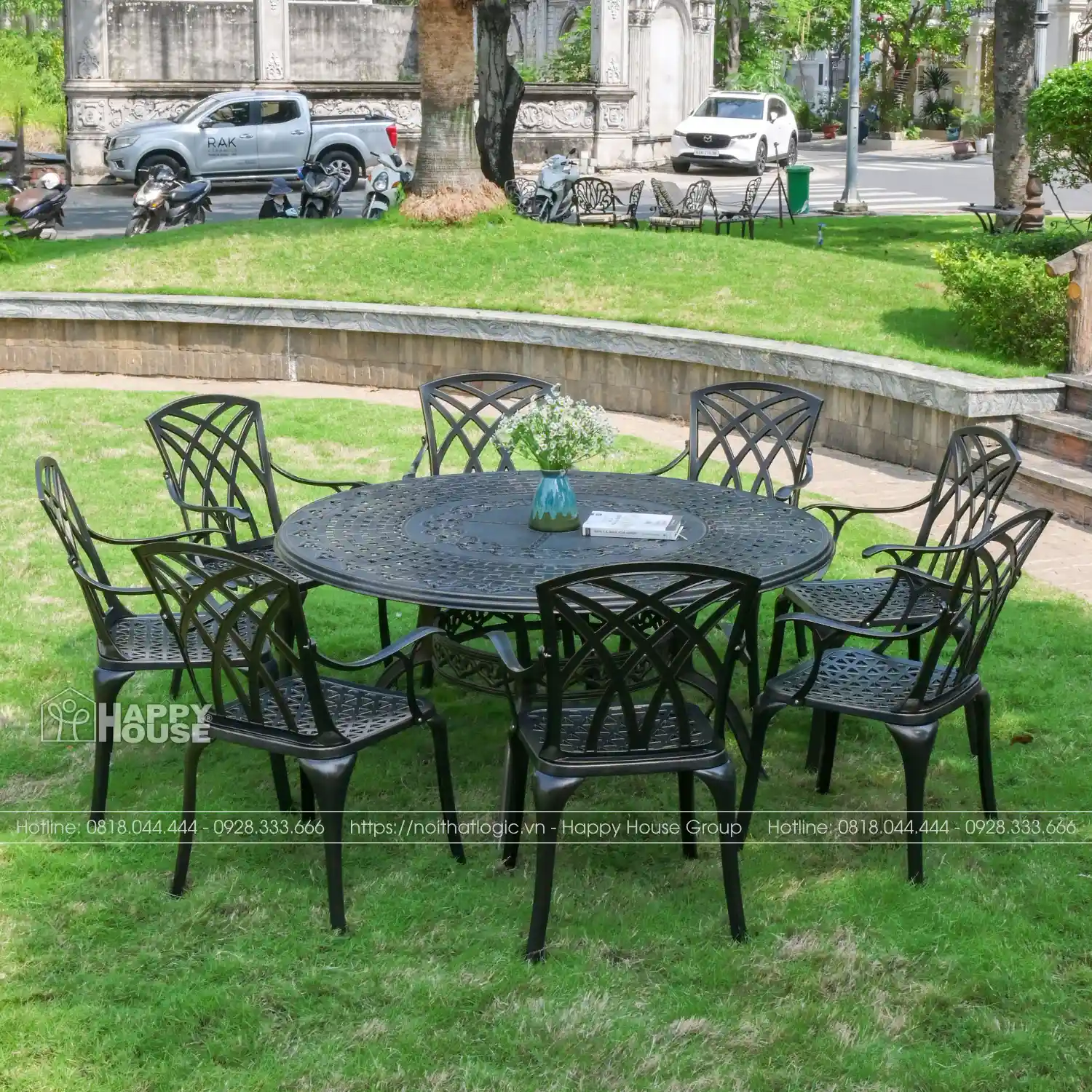 Bộ Bàn Ghế Nhôm Đúc Cỡ Lớn Mặt Tròn Màu Đen Ánh Đồng 8 Ghế ND150-8G54D