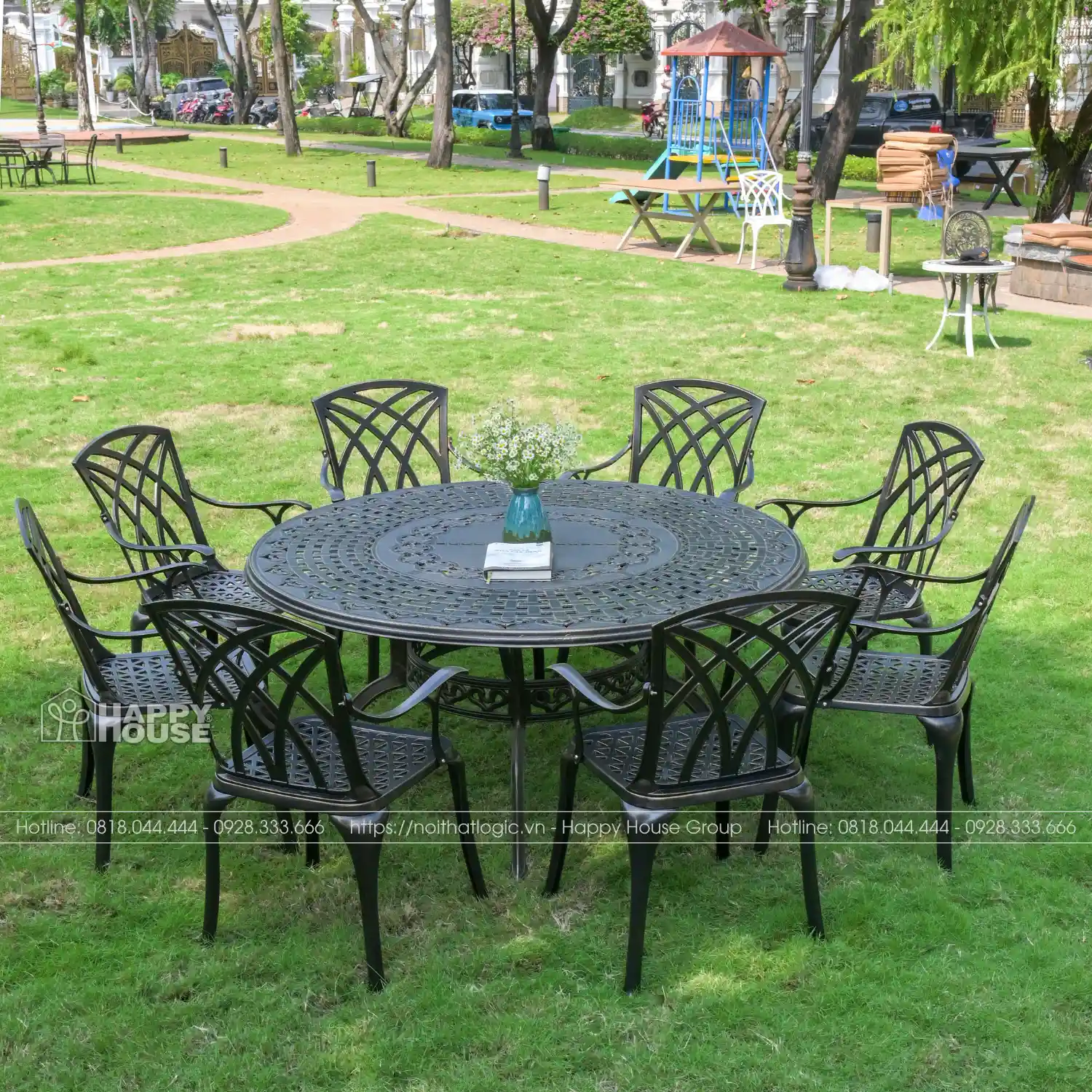 Bộ Bàn Ghế Nhôm Đúc Cỡ Lớn Mặt Tròn Màu Đen Ánh Đồng 8 Ghế ND150-8G54D