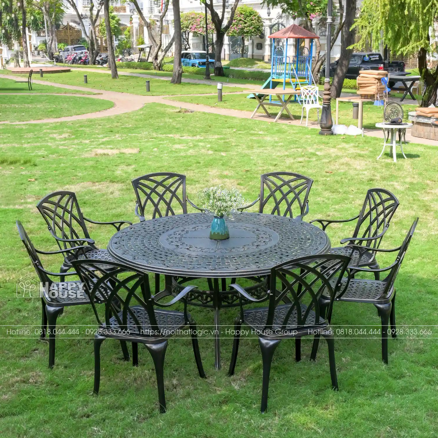 Bộ b&agrave;n ghế nh&ocirc;m đ&uacute;c cỡ lớn mặt tr&ograve;n m&agrave;u đen &aacute;nh đồng 8 ghế nổi bật với kiểu d&aacute;ng bề thế v&agrave; sang trọng