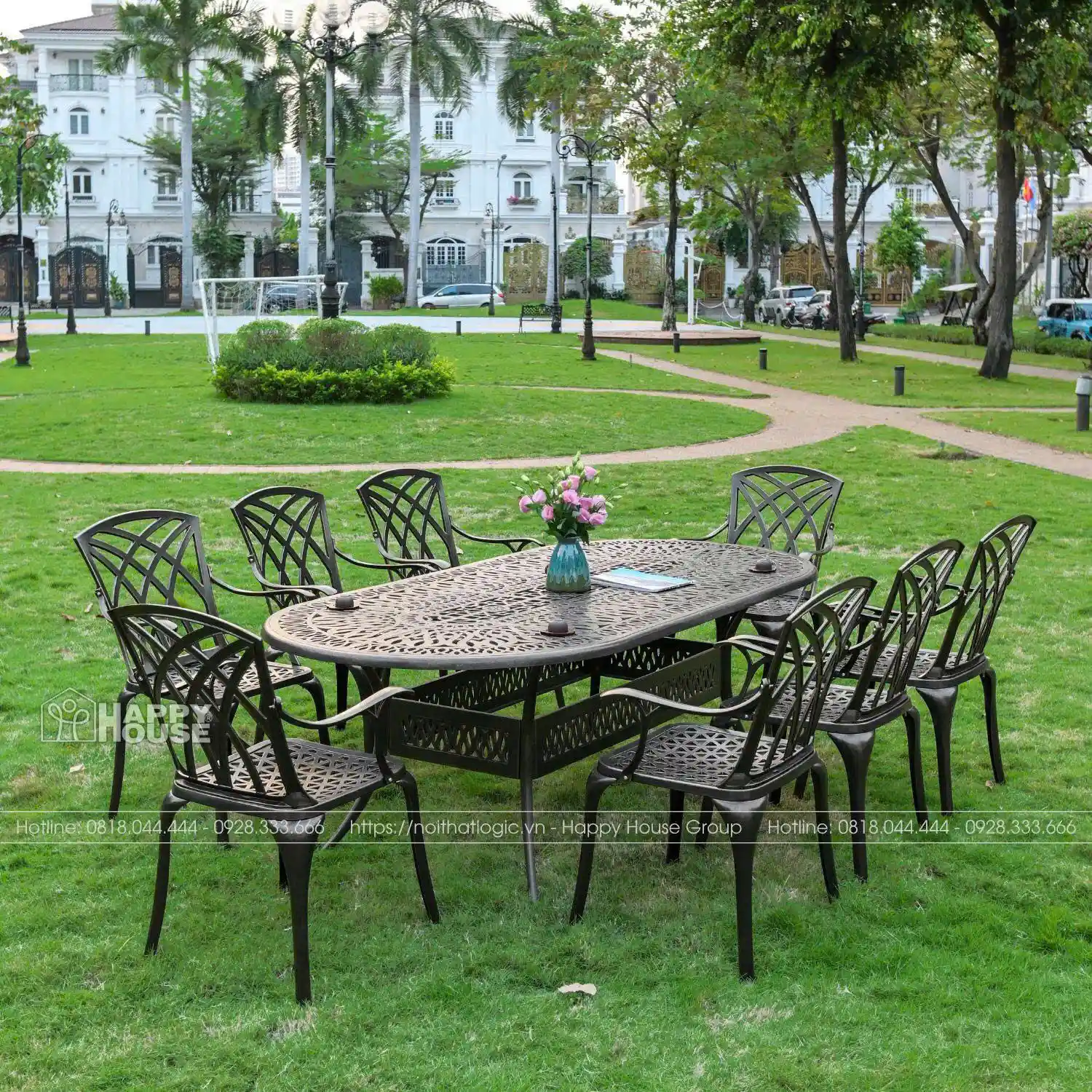 Bộ bàn ghế nhôm đúc sân vườn 8 ghế sang trọng, rộng rãi, phù hợp sân vườn biệt thự