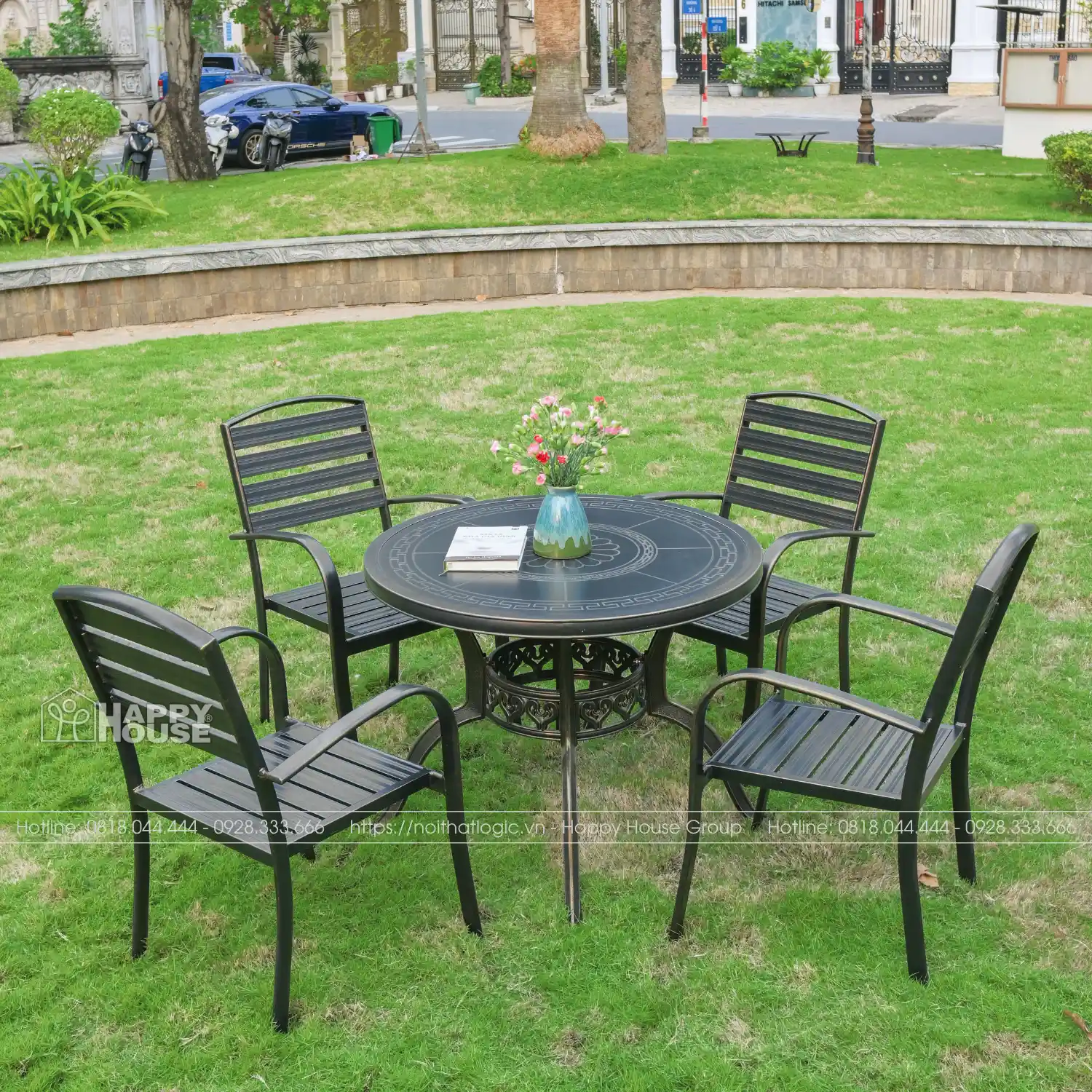 Bộ Bàn Ghế Nhôm Đúc Tròn Mặt Liền Màu Đen Ánh Đồng 4 Ghế NDH90-4GNND