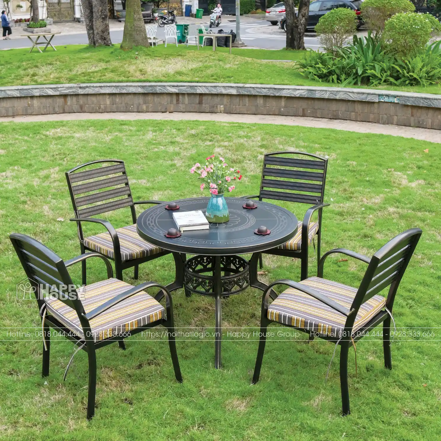 Bộ Bàn Ghế Nhôm Đúc Tròn Mặt Liền Màu Đen Ánh Đồng 4 Ghế NDH90-4GNND