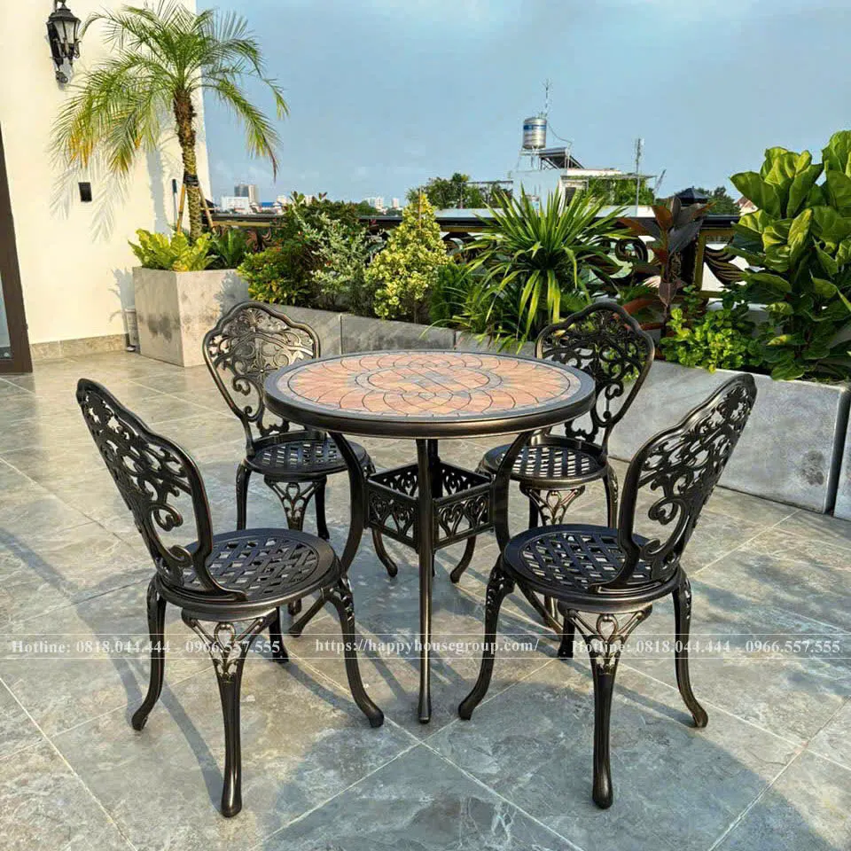 Bôn Bàn Ghế Mặt Đá NDMD80-4A50 Màu Đen Ánh Đồng 4 Ghế