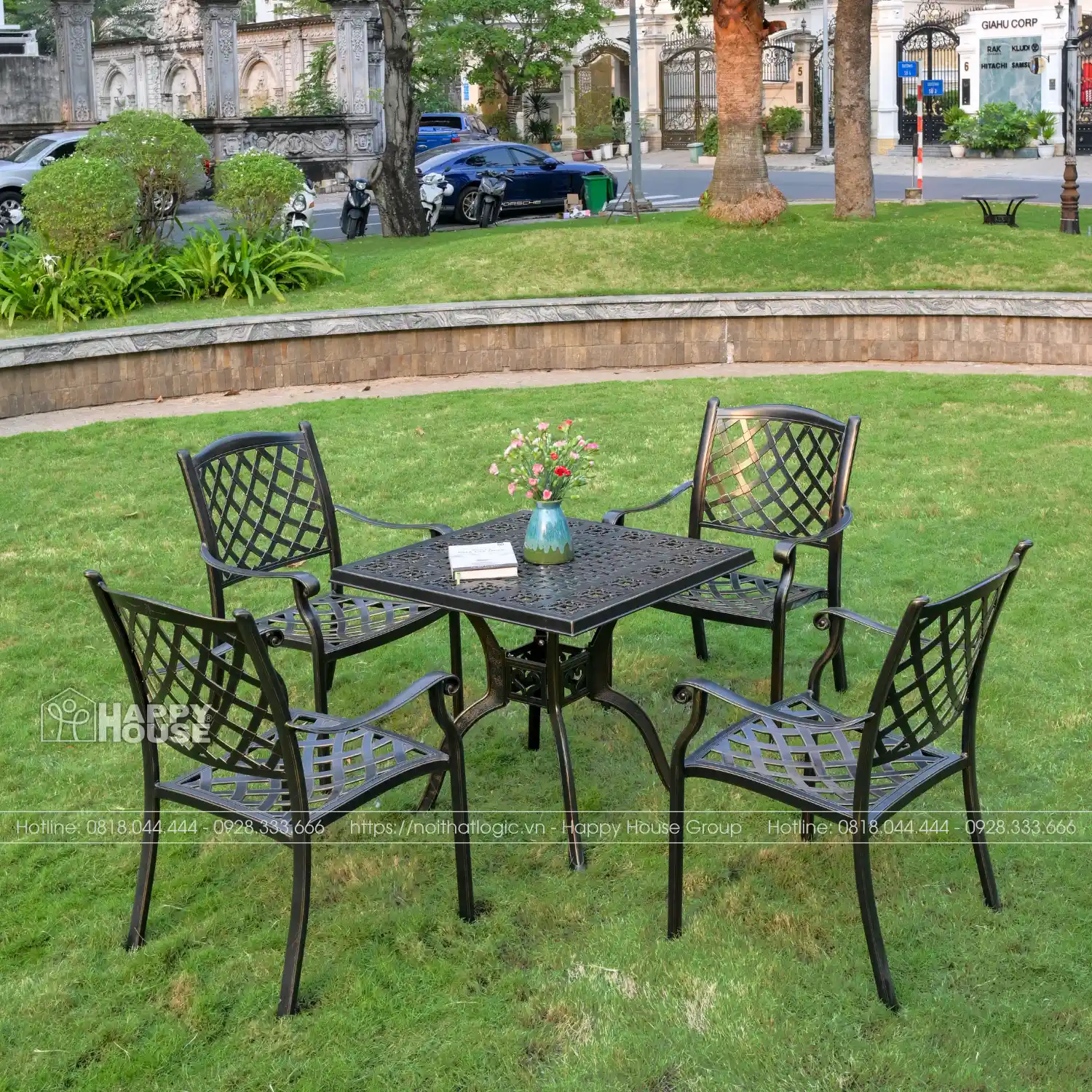 Bộ Bàn Ghế Nhôm Đúc Mặt Vuông Màu Đen Ánh Đồng 4 Ghế NDV80-4G63D