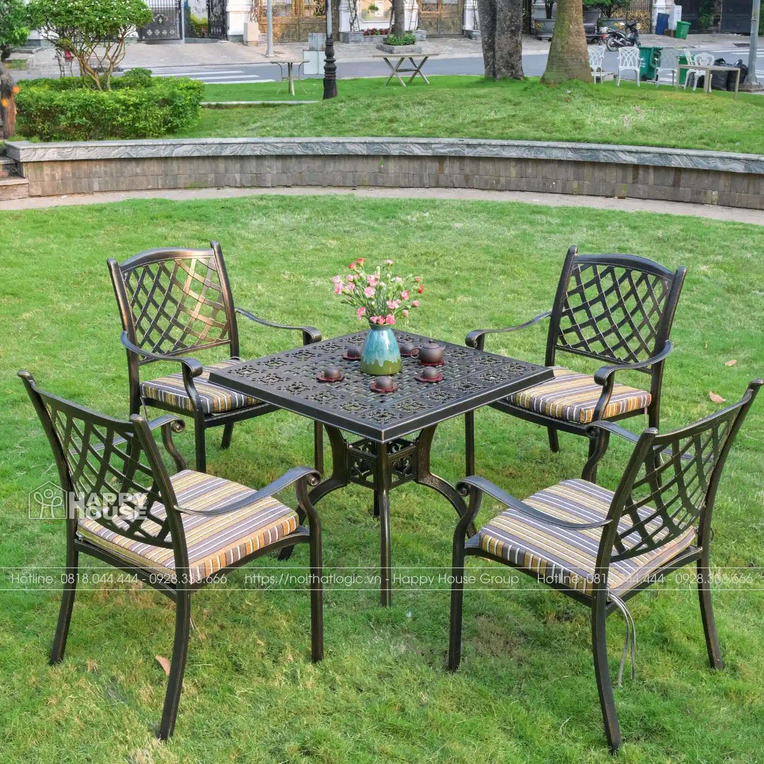 Bộ Bàn Ghế Nhôm Đúc Mặt Vuông Màu Đen Ánh Đồng 4 Ghế NDV80-4G63D