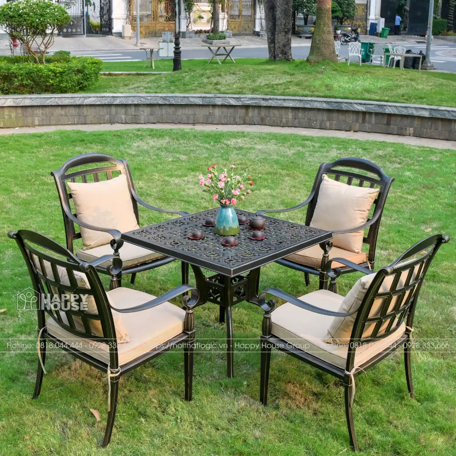 Bộ Bàn Ghế Nhôm Đúc Mặt Vuông Màu Đen Ánh Đồng 4 Ghế NDV80-4G63D