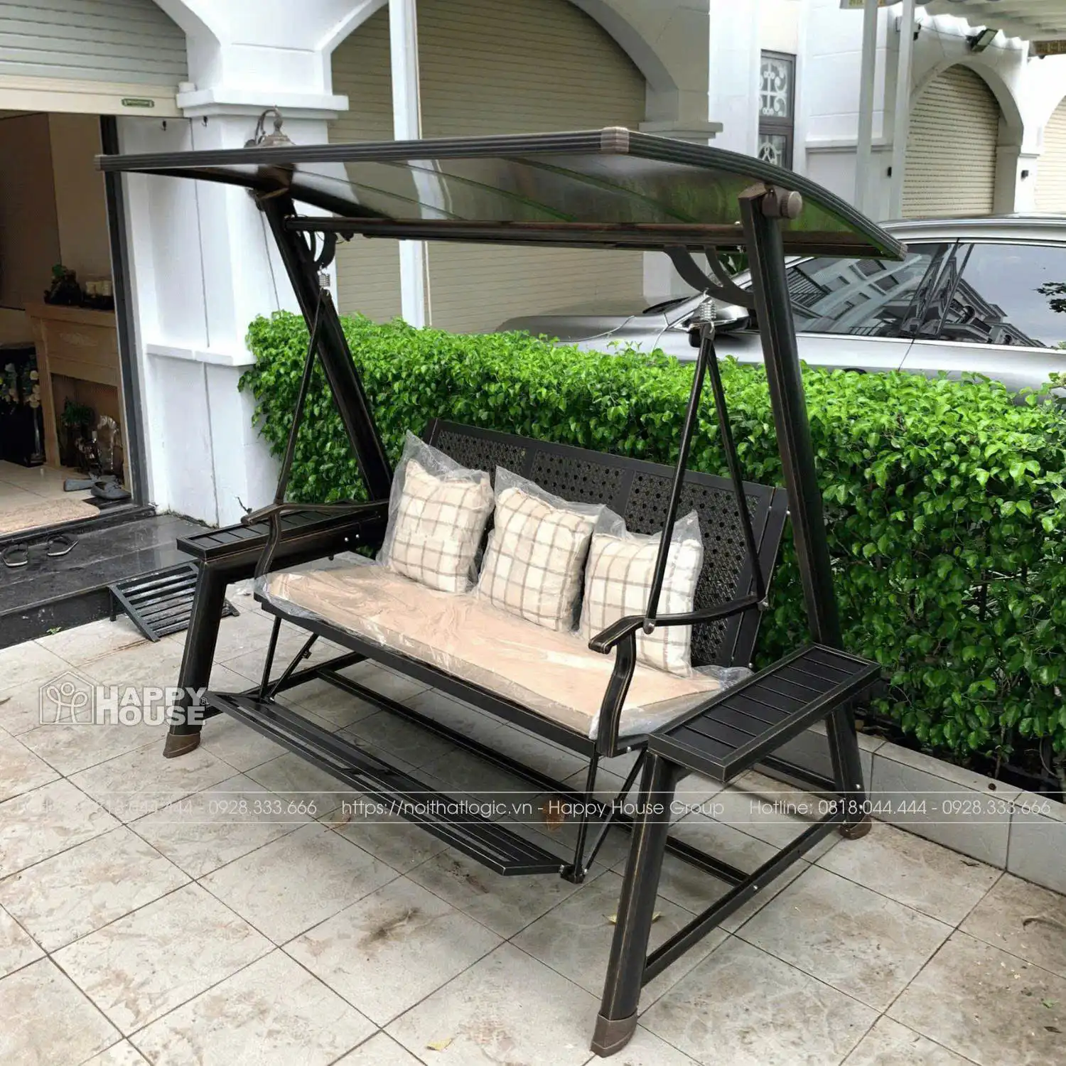 Xích đu nhôm đúc sân vườn 3 chỗ mái che năng lượng có gác chân XD3C-GC