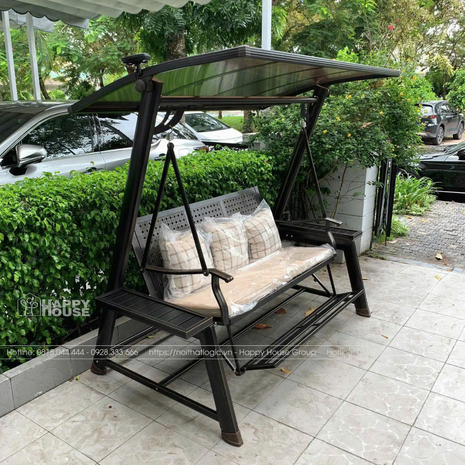 X&iacute;ch đu nh&ocirc;m đ&uacute;c s&acirc;n vườn 3 chỗ m&aacute;i che năng lượng c&oacute; g&aacute;c ch&acirc;n XD3C-GC