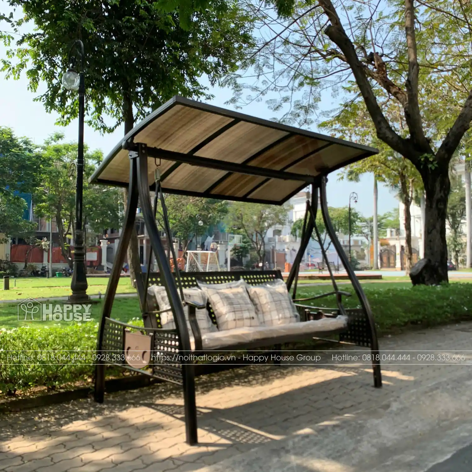 Xích đu nhôm đúc 3 chỗ có mái che kèm đệm và gối tựa lưng XD3C-TN