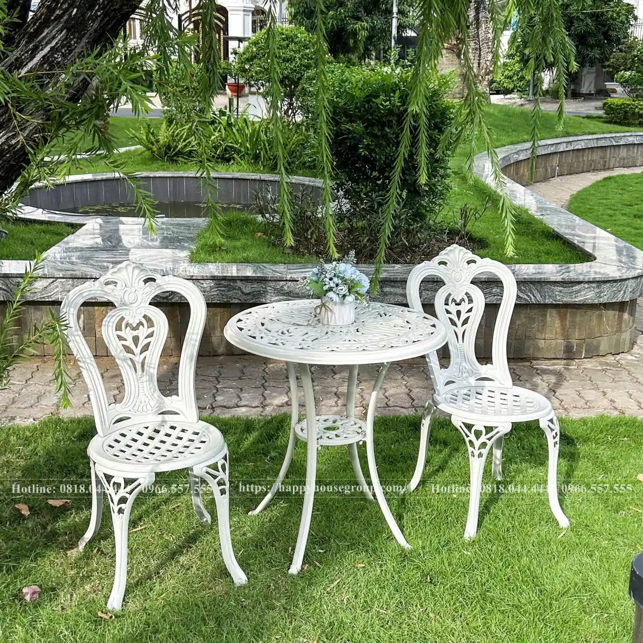 Bộ bàn nhôm đúc nhỏ sân vườn nghệ thuật màu trắng BNT-D70