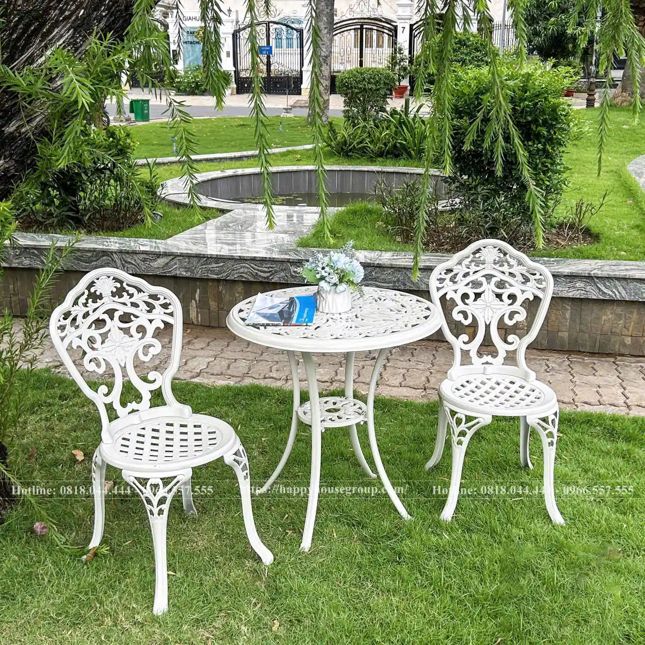 Bộ b&agrave;n ghế nh&ocirc;m đ&uacute;c nhỏ m&agrave;u trắng nghệ thuật 2 ghế ND68-2A50