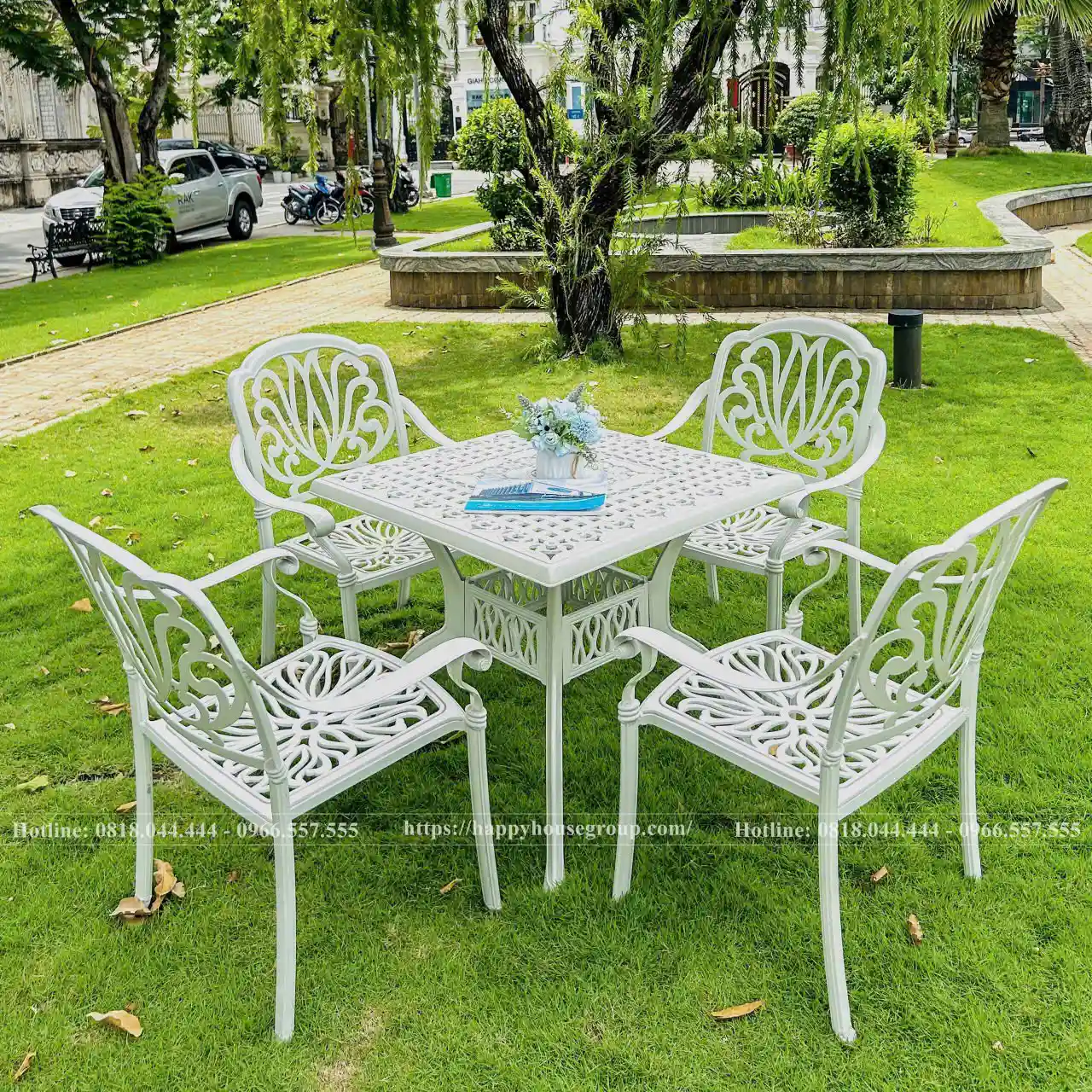 Bộ bàn ghế nhôm đúc sân vườn màu trắng mặt vuông NDV90-4GHS