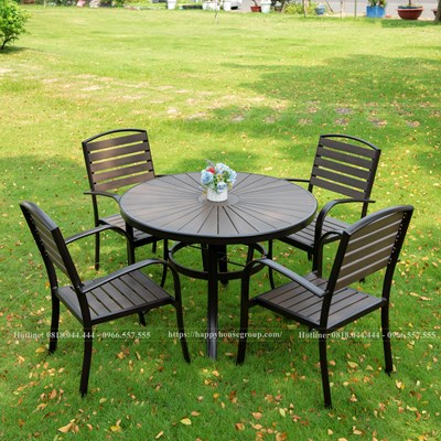 Bộ bàn ghế Composite nan xám khung đen dành cho sân vườn, nhà hàng, cafe