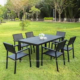 Bộ bàn ghế Cafe sân vườn Composite ngoài trời chữ nhật nan đen BCP-08