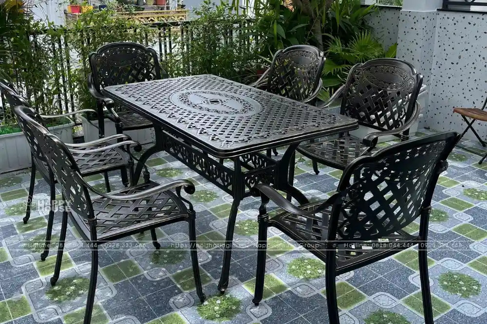 Bộ bàn ghế nhôm đúc chữ nhật kết hợp 6 ghế dược ưu chuộng nhất hiện nay