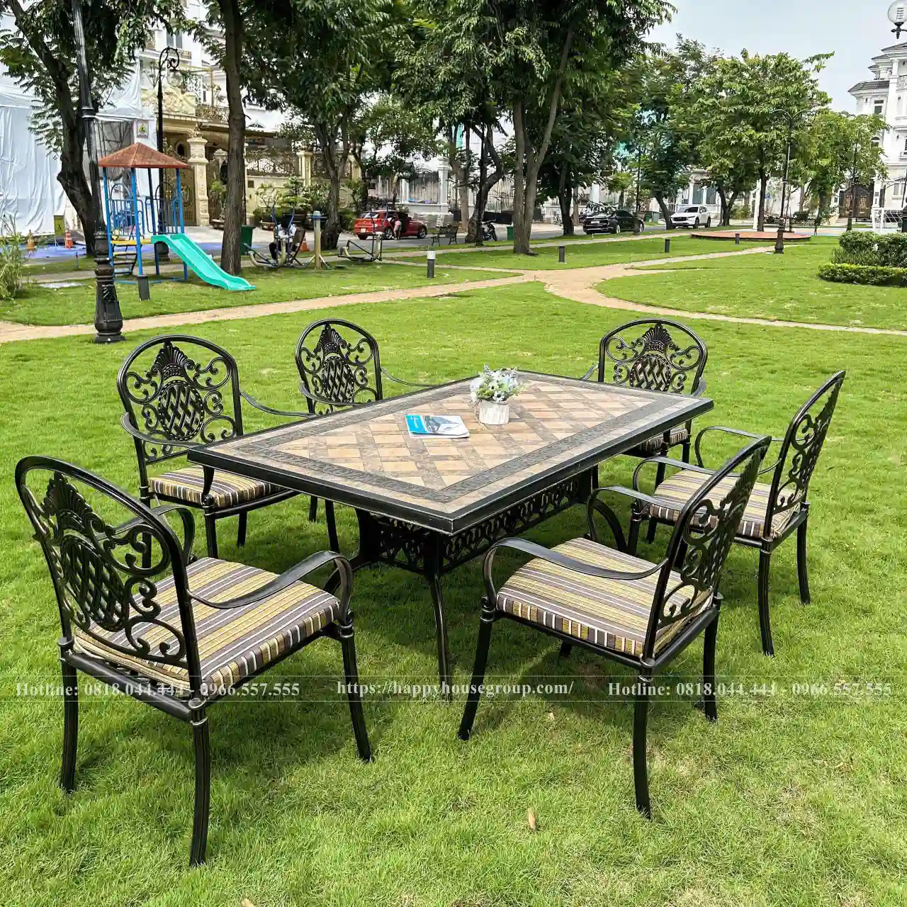 Bộ bàn ghế nhôm đúc mặt đá ngoài trời NDD189-6GVML