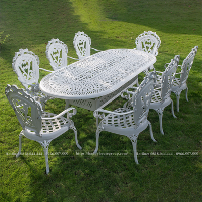 Bộ bàn ghế nhôm đúc hình elip cao cấp màu trắng 8 ghế BE210-TTW