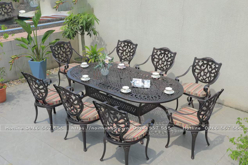 Bộ bàn ghế nhôm đúc cao cấp hình Elip màu đen đồng 8 ghế NDE210-8GHG