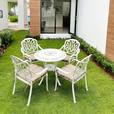 Bộ bàn ghế nhôm đúc sân vườn màu trắng 4 ghế D80-HSW